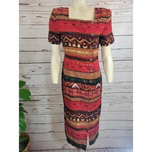 Retro Vintage JSJ Petites Multicolor Aztec Pattern Button Front Dress Medium